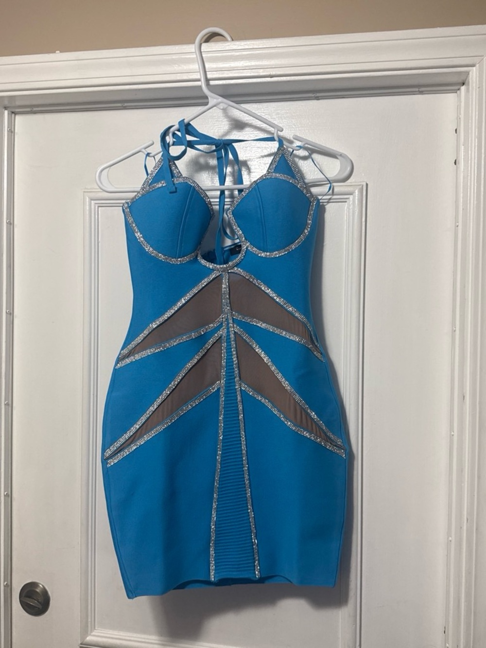 Queen mania Blue Rhinestone Trim Bodycon Dress Sz M
